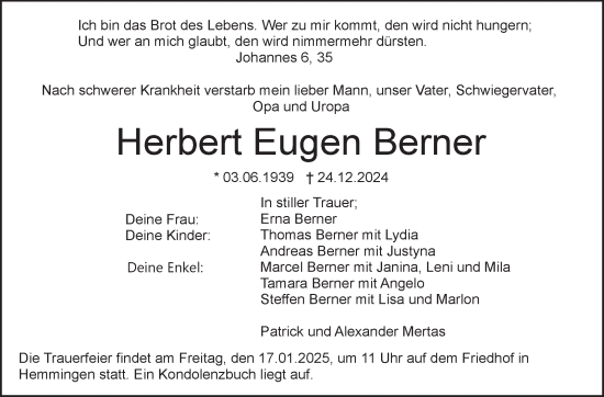 Traueranzeige von Herbert Berner von Leonberger Kreiszeitung / Strohgäu Extra