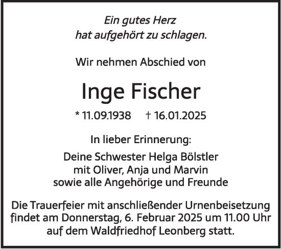 Traueranzeige von Inge Fischer von Leonberger Kreiszeitung / Strohgäu Extra