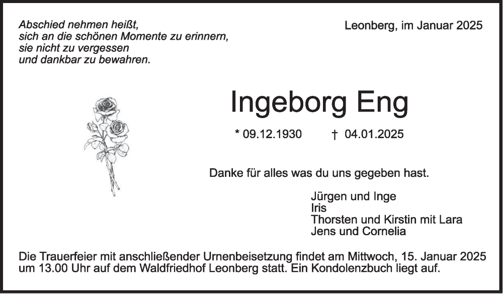  Traueranzeige für Ingeborg Eng vom 10.01.2025 aus Leonberger Kreiszeitung / Strohgäu Extra