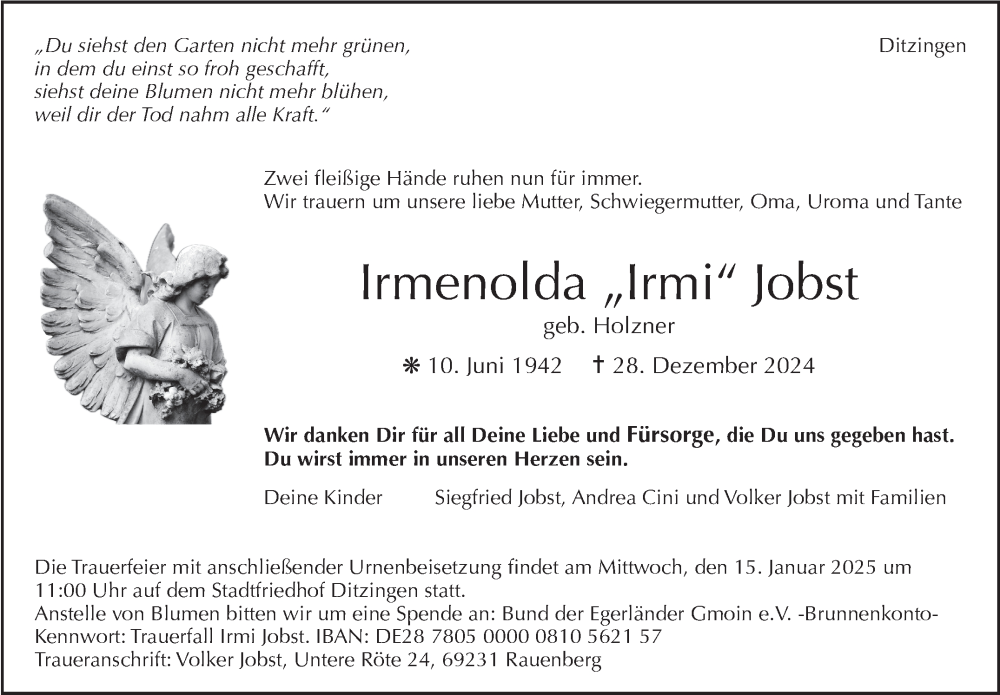  Traueranzeige für Irmenolda Jobst vom 11.01.2025 aus Leonberger Kreiszeitung / Strohgäu Extra