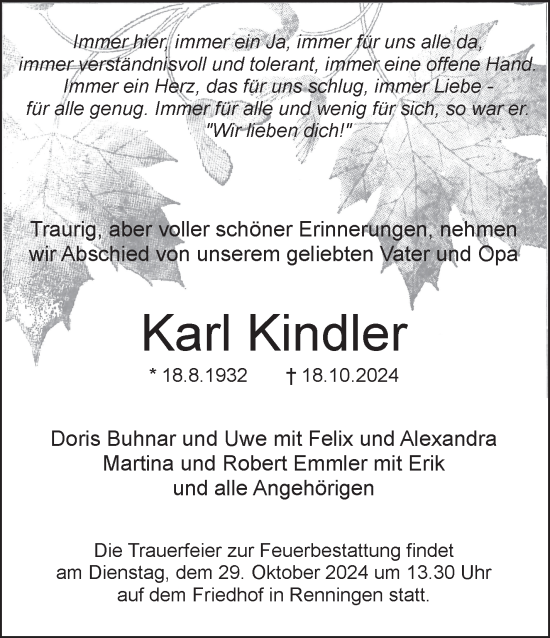 Traueranzeige von Karl Kindler von Leonberger Kreiszeitung / Strohgäu Extra