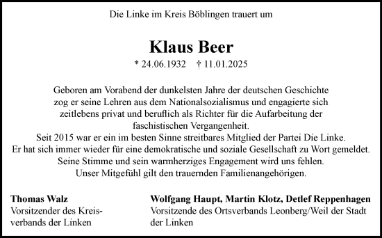 Traueranzeige von Klaus Beer von Leonberger Kreiszeitung / Strohgäu Extra