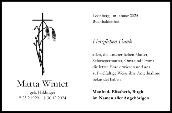 Traueranzeige von Marta Winter von Leonberger Kreiszeitung / Strohgäu Extra