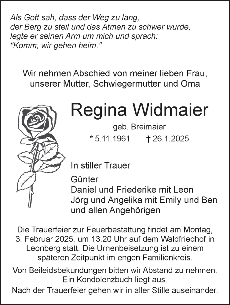  Traueranzeige für Regina Widmaier vom 30.01.2025 aus Leonberger Kreiszeitung / Strohgäu Extra