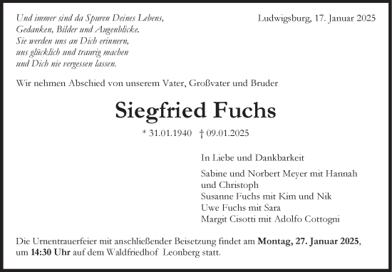 Traueranzeige von Siegfried Fuchs von Leonberger Kreiszeitung / Strohgäu Extra