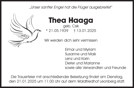 Traueranzeige von Thea Haaga von Leonberger Kreiszeitung / Strohgäu Extra