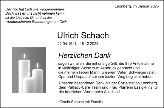 Traueranzeige von Ulrich Schach von Leonberger Kreiszeitung / Strohgäu Extra