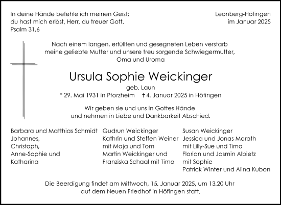 Traueranzeige von Ursula Sophie Weickinger von Leonberger Kreiszeitung / Strohgäu Extra