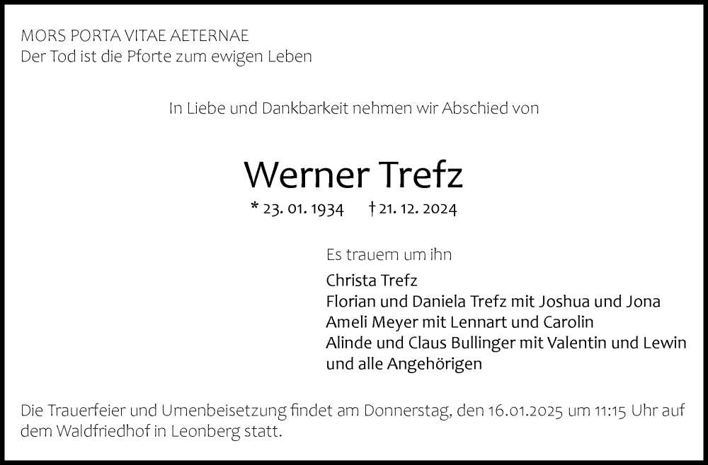  Traueranzeige für Werner Trefz vom 08.01.2025 aus Leonberger Kreiszeitung / Strohgäu Extra