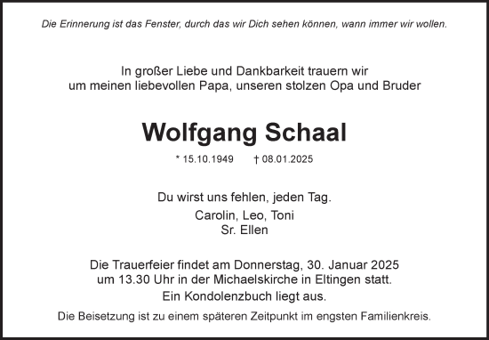 Traueranzeige von Wolfgang Schaal von Leonberger Kreiszeitung / Strohgäu Extra