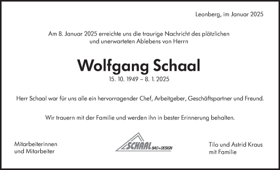 Traueranzeige von Wolfgang Schaal von Leonberger Kreiszeitung / Strohgäu Extra