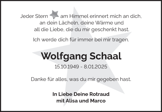 Traueranzeige von Wolfgang Schaal von Leonberger Kreiszeitung / Strohgäu Extra