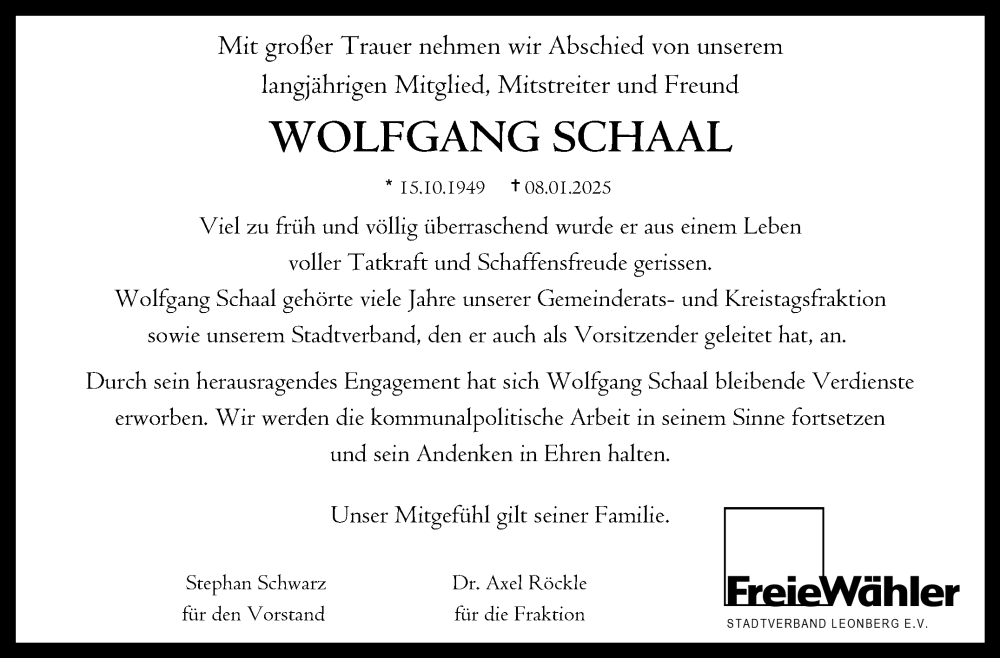  Traueranzeige für Wolfgang Schaal vom 18.01.2025 aus Leonberger Kreiszeitung / Strohgäu Extra
