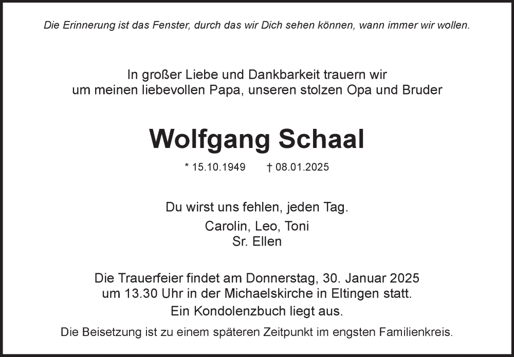  Traueranzeige für Wolfgang Schaal vom 18.01.2025 aus Leonberger Kreiszeitung / Strohgäu Extra
