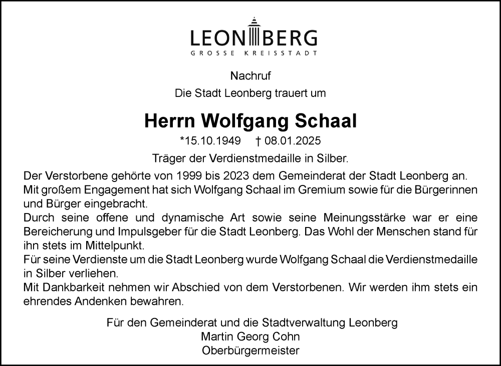  Traueranzeige für Wolfgang Schaal vom 18.01.2025 aus Leonberger Kreiszeitung / Strohgäu Extra