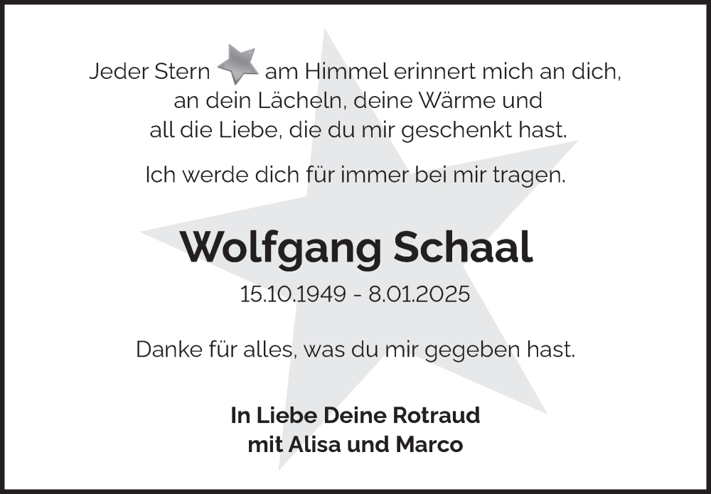  Traueranzeige für Wolfgang Schaal vom 18.01.2025 aus Leonberger Kreiszeitung / Strohgäu Extra