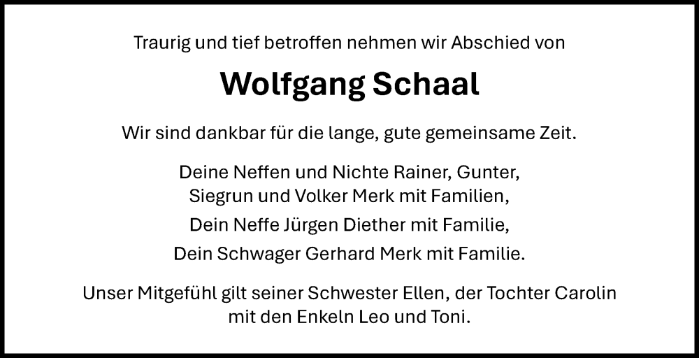  Traueranzeige für Wolfgang Schaal vom 18.01.2025 aus Leonberger Kreiszeitung / Strohgäu Extra
