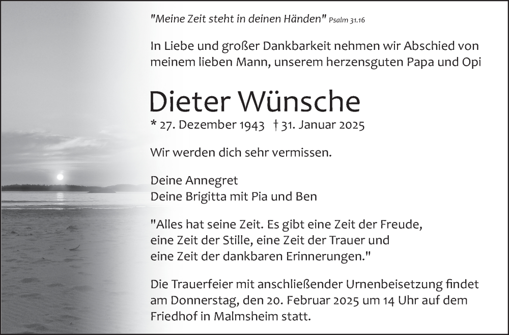  Traueranzeige für Dieter Wünsche vom 07.02.2025 aus Leonberger Kreiszeitung / Strohgäu Extra