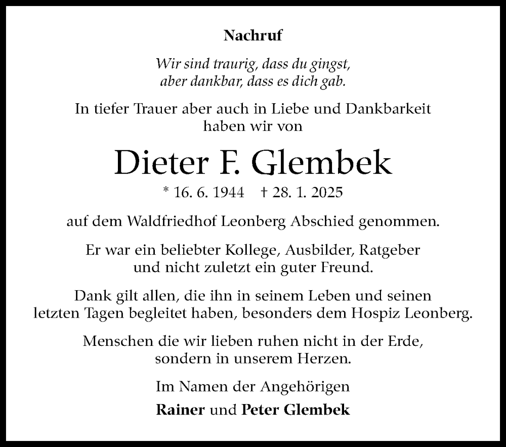  Traueranzeige für Dieter F. Glembek vom 15.02.2025 aus Leonberger Kreiszeitung / Strohgäu Extra