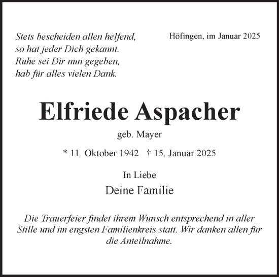 Traueranzeige von Elfriede Aspacher von Leonberger Kreiszeitung / Strohgäu Extra