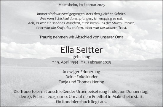 Traueranzeige von Ella Seitter von Leonberger Kreiszeitung / Strohgäu Extra