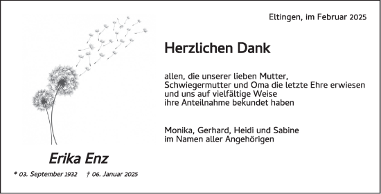 Traueranzeige von Erika Enz von Leonberger Kreiszeitung / Strohgäu Extra