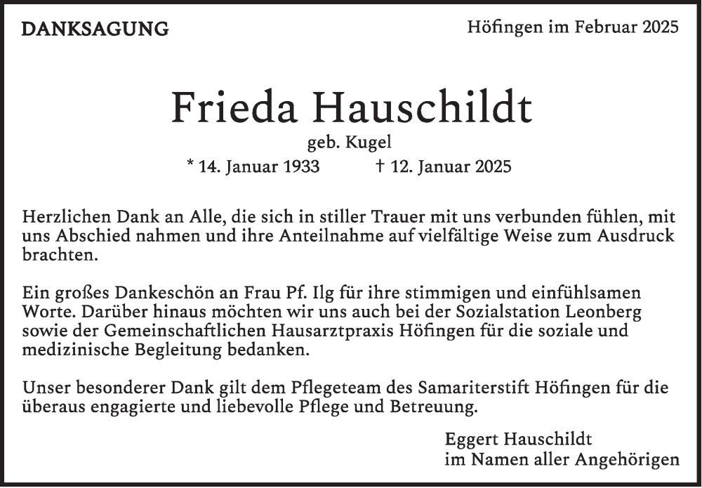  Traueranzeige für Frieda Hauschildt vom 08.02.2025 aus Leonberger Kreiszeitung / Strohgäu Extra