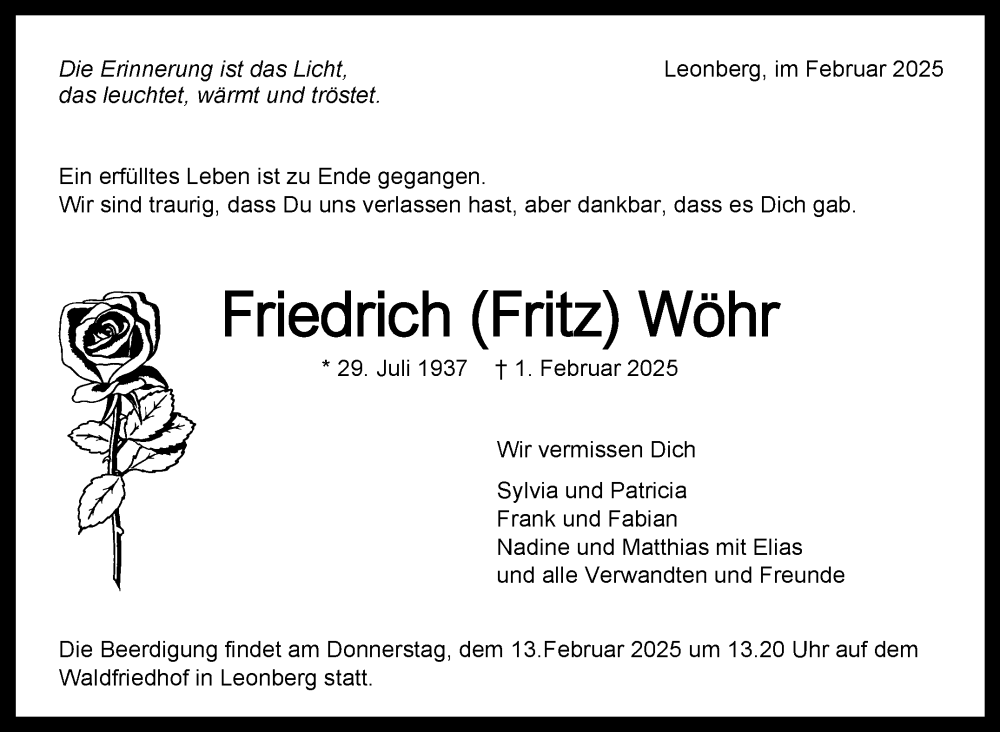  Traueranzeige für Friedrich Wöhr vom 07.02.2025 aus Leonberger Kreiszeitung / Strohgäu Extra