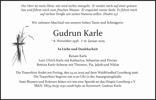 Traueranzeige von Gudrun Karle von Leonberger Kreiszeitung / Strohgäu Extra