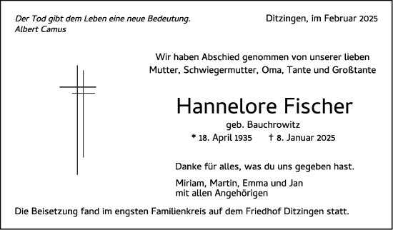 Traueranzeige von Hannelore Fischer von Leonberger Kreiszeitung / Strohgäu Extra