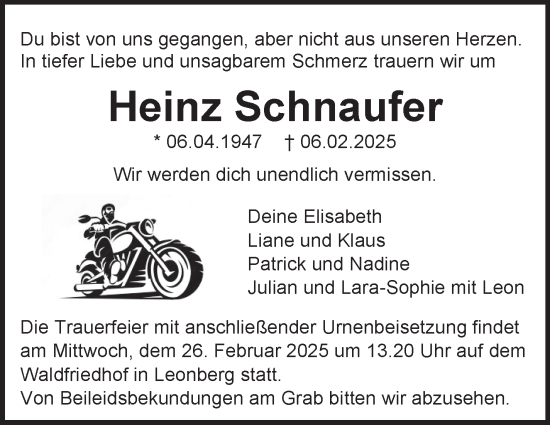 Traueranzeige von Heinz Schnaufer von Leonberger Kreiszeitung / Strohgäu Extra