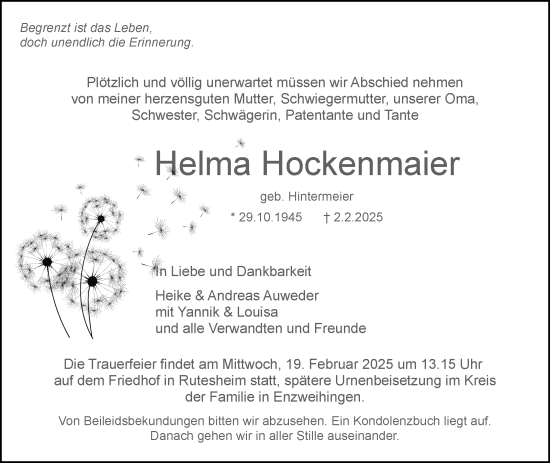 Traueranzeige von Helma Hockenmaier von Leonberger Kreiszeitung / Strohgäu Extra