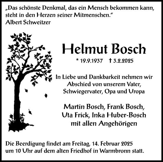 Traueranzeige von Helmut Bosch von Leonberger Kreiszeitung / Strohgäu Extra