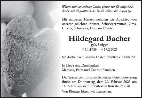 Traueranzeige von Hildegard Bacher von Leonberger Kreiszeitung / Strohgäu Extra