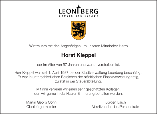 Traueranzeige von Horst Kleppel von Leonberger Kreiszeitung / Strohgäu Extra
