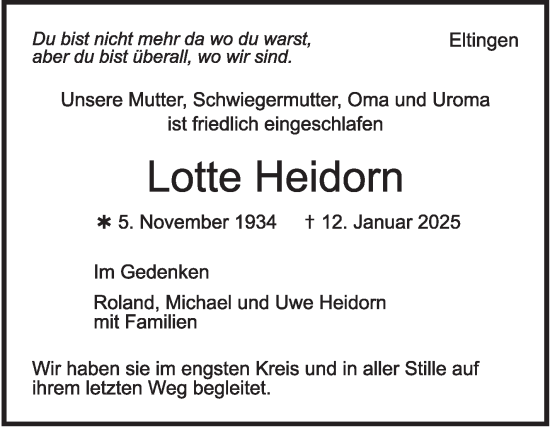 Traueranzeige von Lotte Heidorn von Leonberger Kreiszeitung / Strohgäu Extra