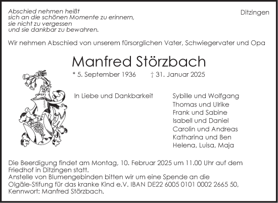 Traueranzeige von Manfred Störzbach von Leonberger Kreiszeitung / Strohgäu Extra