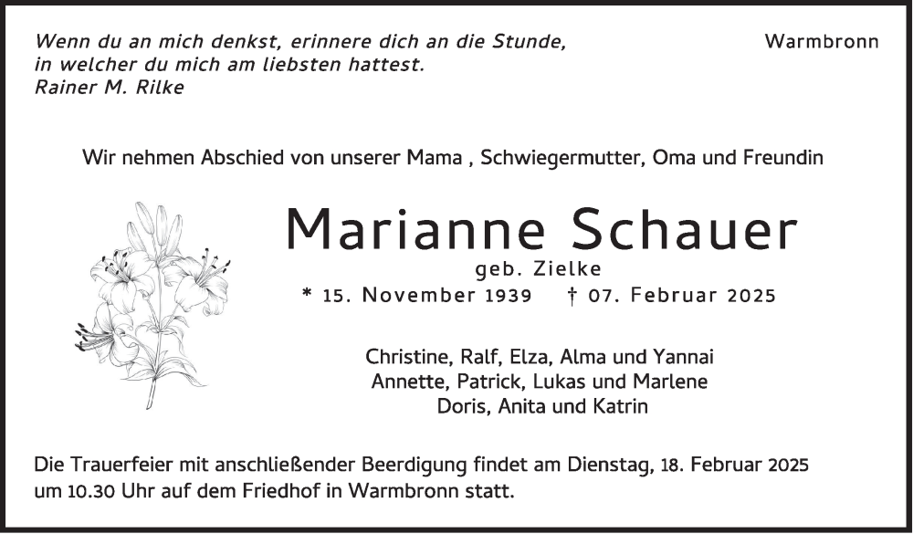  Traueranzeige für Marianne Schauer vom 14.02.2025 aus Leonberger Kreiszeitung / Strohgäu Extra