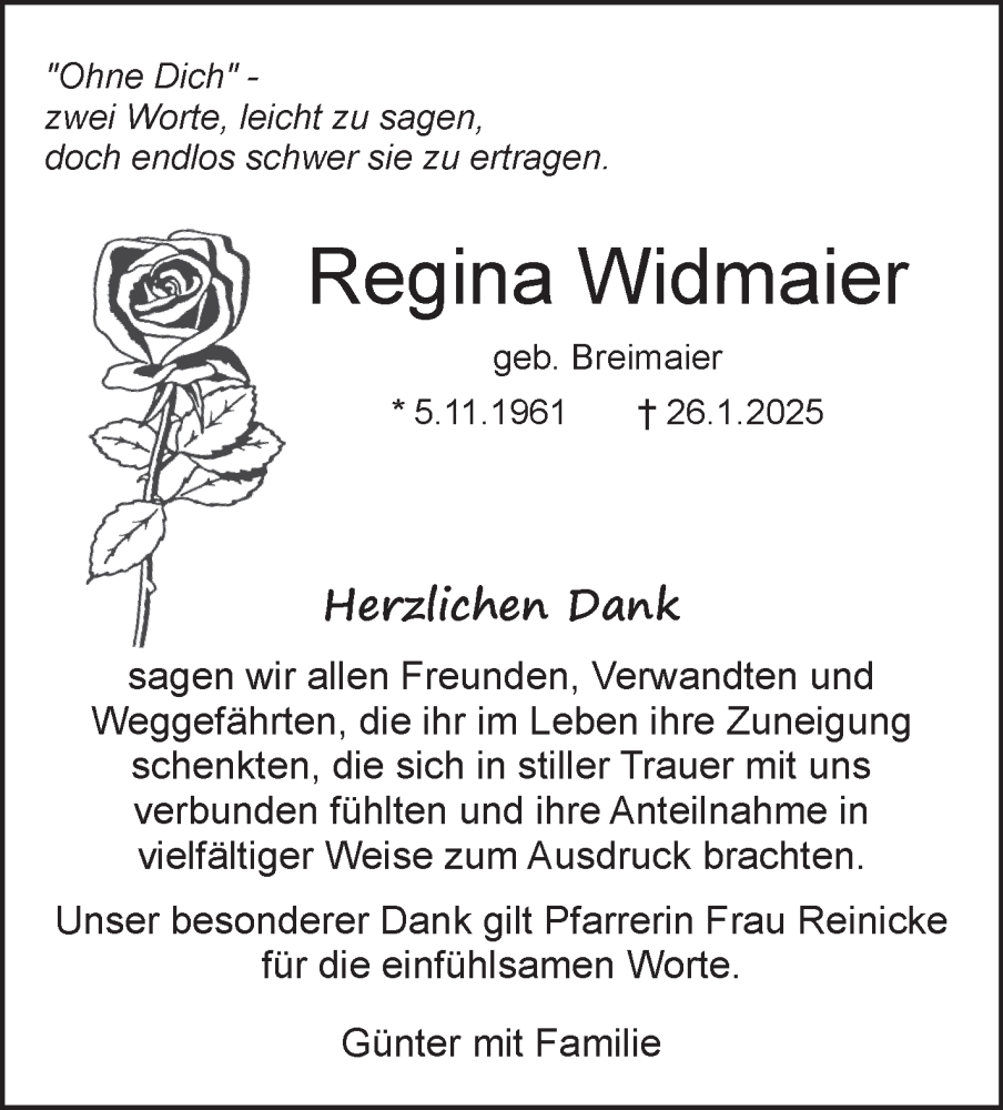  Traueranzeige für Regina Widmaier vom 13.02.2025 aus Leonberger Kreiszeitung / Strohgäu Extra
