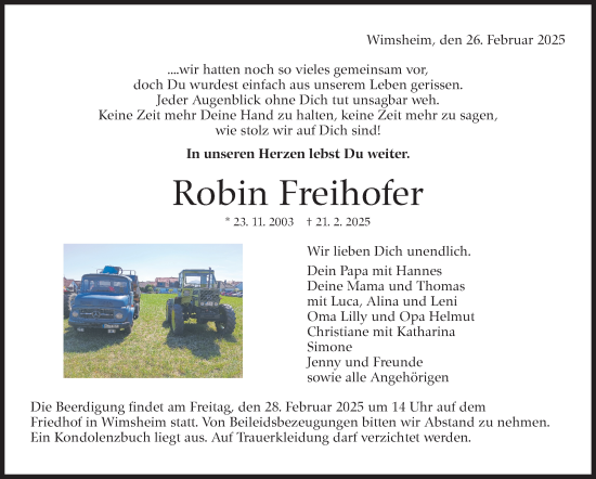 Traueranzeige von Robin Freihofer von Leonberger Kreiszeitung / Strohgäu Extra