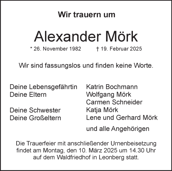 Traueranzeige von Alexander Mörk von Leonberger Kreiszeitung / Strohgäu Extra