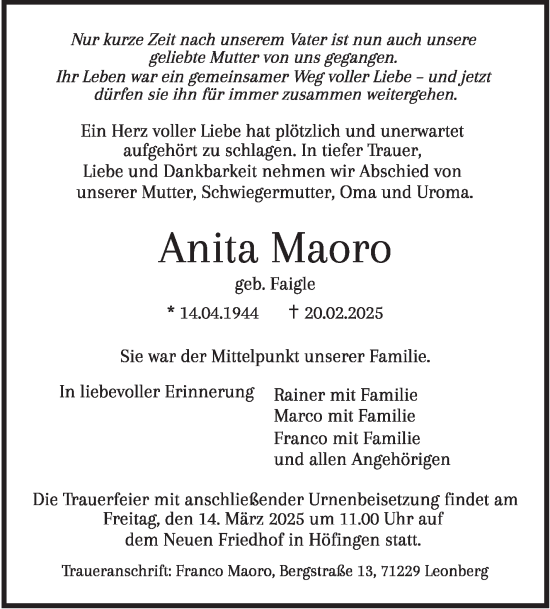 Traueranzeige von Anita Maoro von Leonberger Kreiszeitung / Strohgäu Extra
