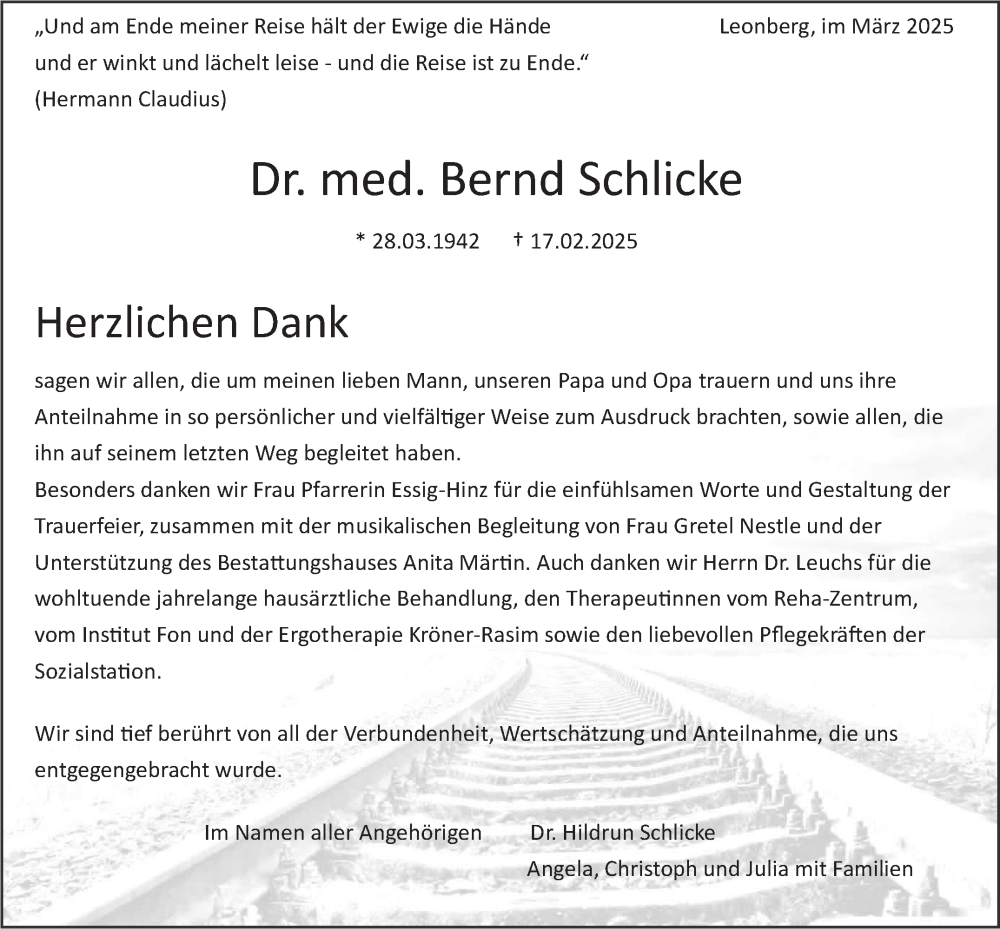  Traueranzeige für Bernd Schlicke vom 08.03.2025 aus Leonberger Kreiszeitung / Strohgäu Extra