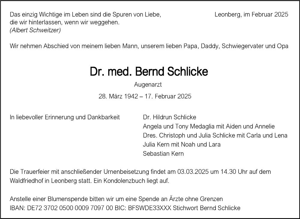  Traueranzeige für Bernd Schlicke vom 22.02.2025 aus Leonberger Kreiszeitung / Strohgäu Extra