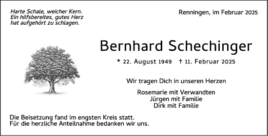 Traueranzeige von Bernhard Schechinger von Leonberger Kreiszeitung / Strohgäu Extra