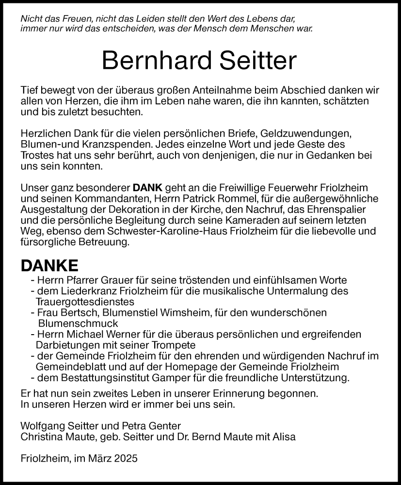 Traueranzeige für Bernhard Seitter vom 22.03.2025 aus Leonberger Kreiszeitung / Strohgäu Extra