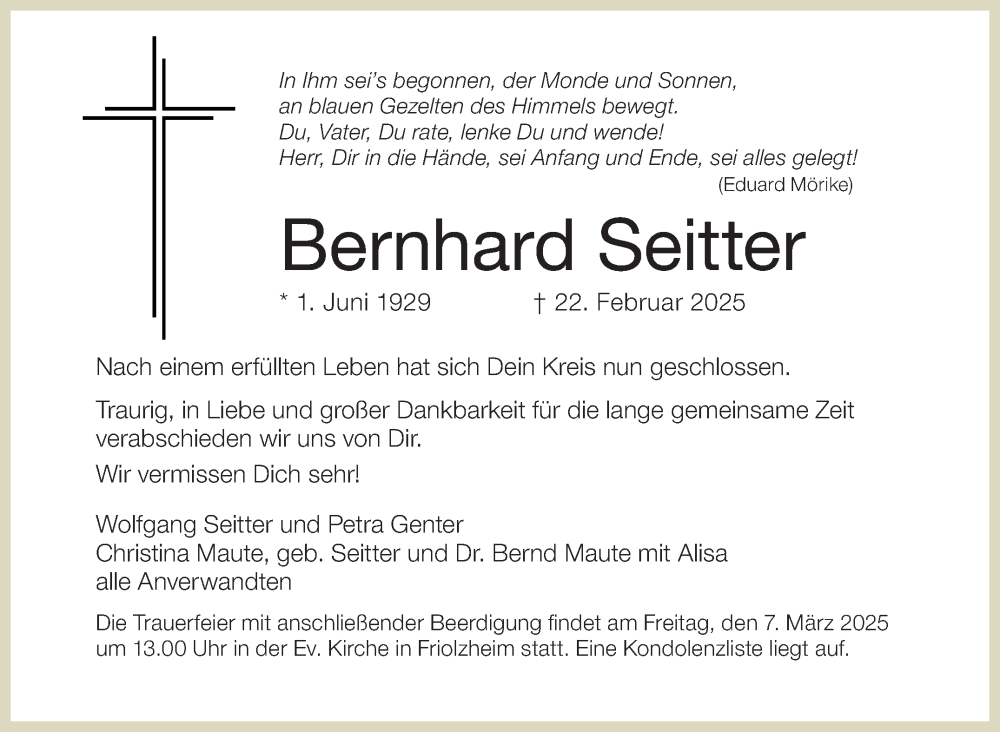  Traueranzeige für Bernhard Seitter vom 03.03.2025 aus Leonberger Kreiszeitung / Strohgäu Extra