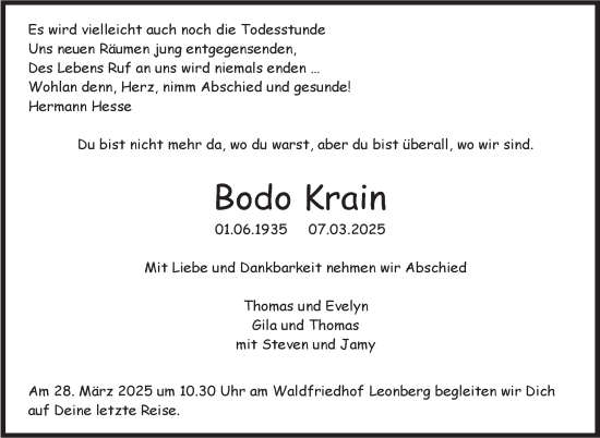 Traueranzeige von Bodo Krain von Leonberger Kreiszeitung / Strohgäu Extra
