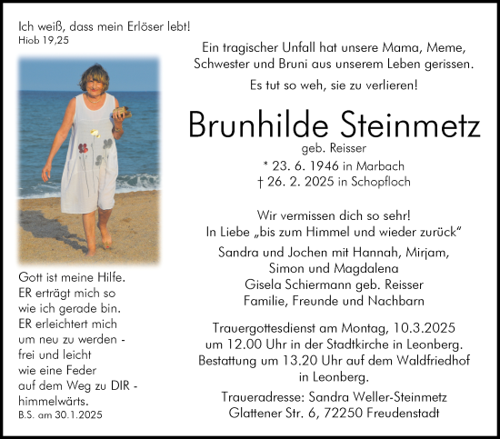 Traueranzeige von Brunhilde Steinmetz von Leonberger Kreiszeitung / Strohgäu Extra