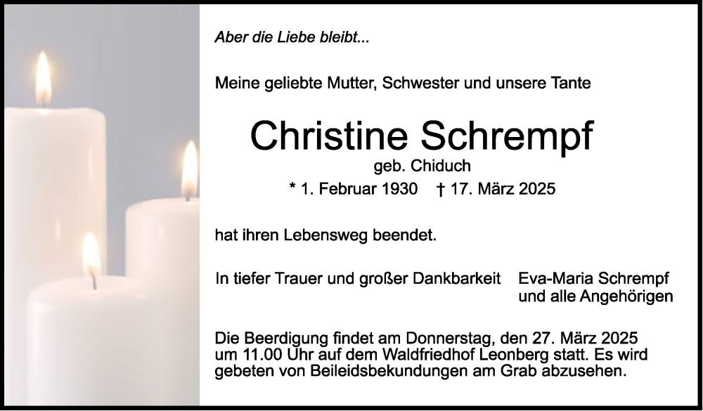  Traueranzeige für Christine Schrempf vom 22.03.2025 aus Leonberger Kreiszeitung / Strohgäu Extra